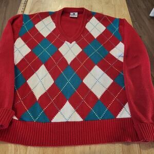 Vintage Argyle 100% Cotton Red White & Green Gold Norsport Lonng Sleeve Sweater